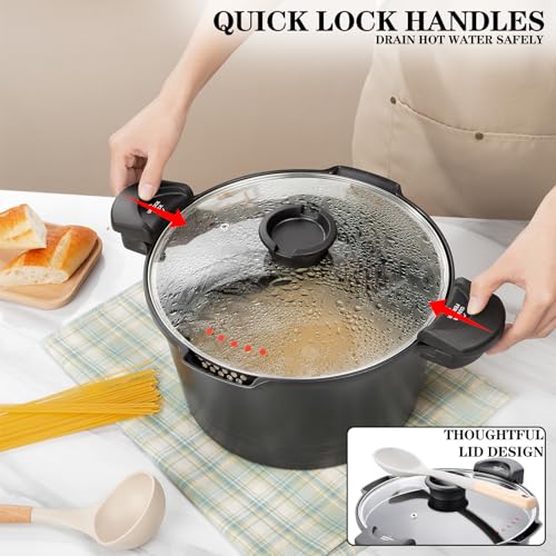 ACTIV CUISINE 8.5 Qt Black Pasta Pot with Strainer Lid, Nonstick Ceramic, Dishwasher Safe