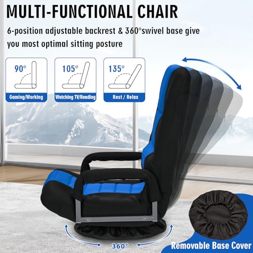 Blue Swivel Floor Gaming Chair with Armrests & Reclining 6-Position Lazy Lounger
