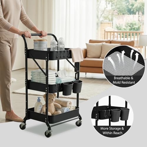 Amatic Black 3-Tier Foldable Rolling Utility Cart with Wheels & Hooks