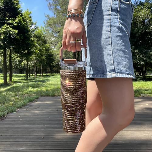 30oz Rhinestone Bling Insulated Travel Tumbler with Handle & Leakproof Lid - Coffee Edition