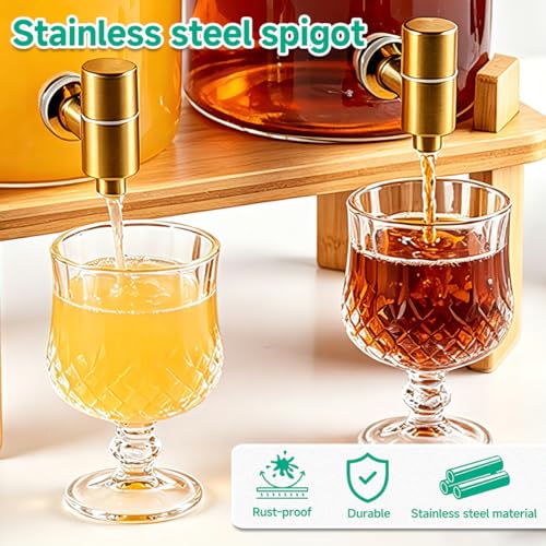 2-Gallon Beverage Dispenser Set with Bamboo Stand, Large Glass Drink Containers for Parties