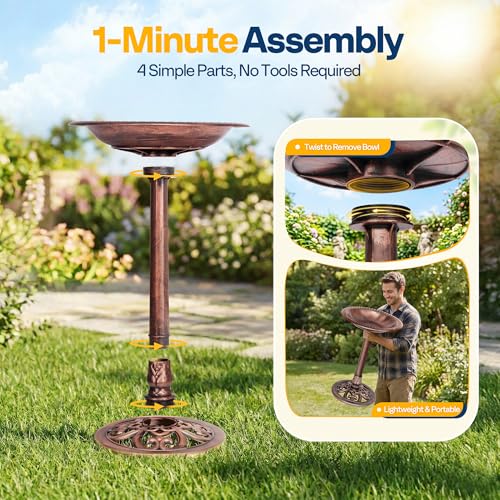 Bird Bath Outdoor Pedestal with Antique Bronze Finish - Durable Polyresin