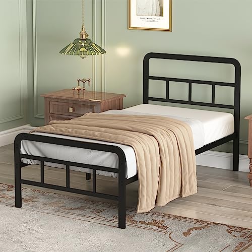 Modern Twin Bed Frame with Headboard & Footboard - Steel Slat Support, No Box Spring Needed, Easy Assembly, Black - 14 Inch