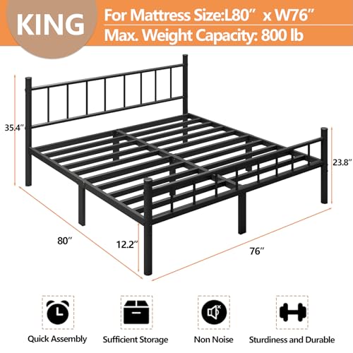 King Metal Bed Frame with Headboard and Footboard, 14 Inch Steel Slats, Sturdy Support