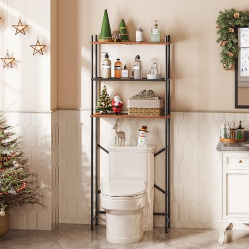 HOOBRO Over Toilet Storage Rack with 3 Adjustable Shelves - Rustic Brown & Black