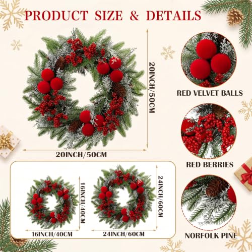 Wavyknot 20inch Christmas Wreath for Front Door - Luxury Pine, Burgundy Velvet Balls & Cedar
