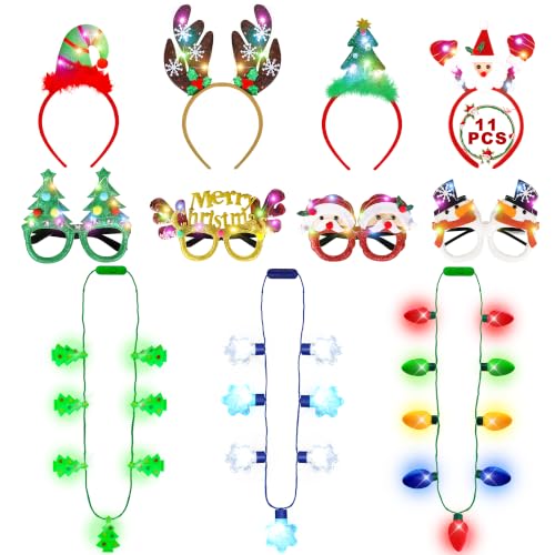 11PCS Christmas Light Up Party Favors Headbands Necklaces Glasses Set