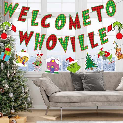 Welcome to Whoville Red and Green Christmas Banner - Merry Christmas Party Decorations, Whoville Sign, Xmas Decor