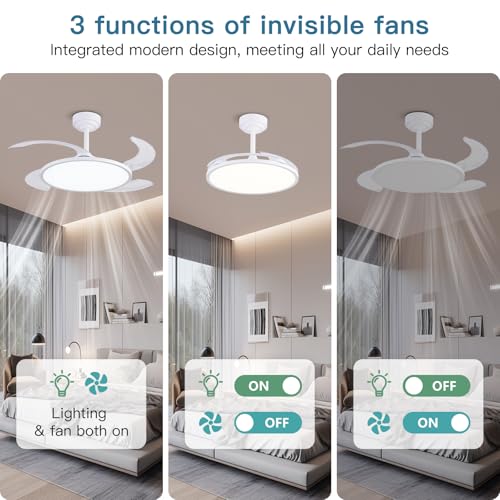 AHAWILL Retractable Ceiling Fan with Lights & Remote - 42'' White Modern Bladeless Fan with Dimmable Full Spectrum LED & Timer
