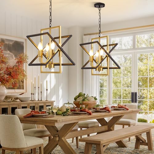 Farmhouse 4-Light Black and Gold Chandelier - Rustic Pendant Lights for Dining & Kitchen Island - Variation of Black and Gold / 4-Light