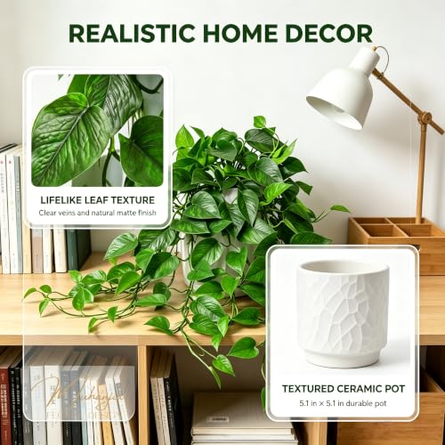 Muhanjia White Ceramic Pothos Artificial Plant with Drooping Vines, Indoor Fake Houseplant for Home & Office Decor