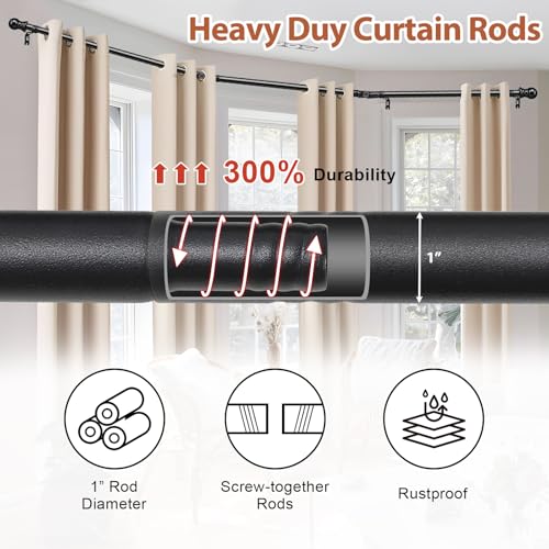 U Shaped Black Bay Window Curtain Rods - 1 Inch Heavy Duty Adjustable Curved Set
