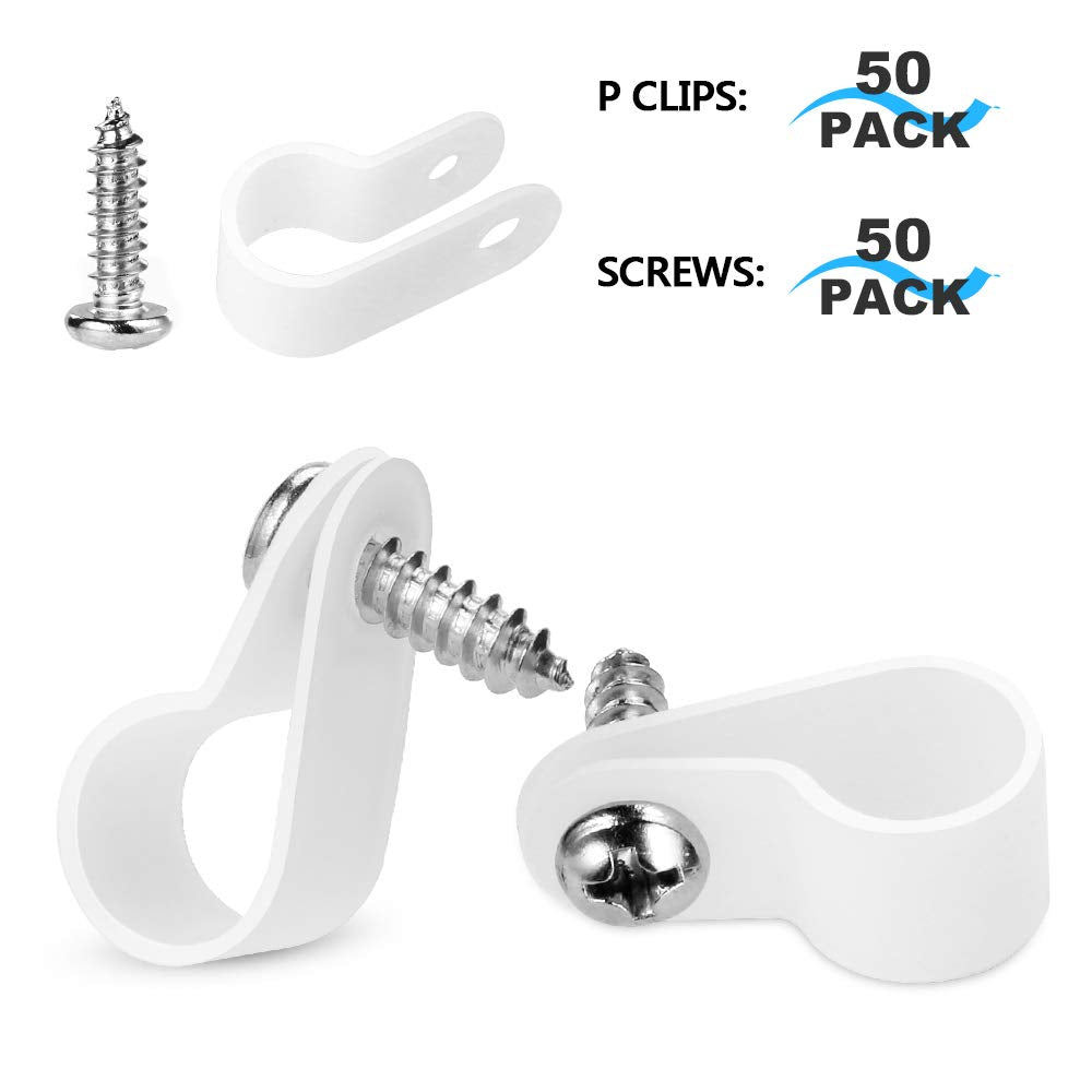 LOKMAN 50 Pack 1/2 Inch Rope Light P-Style Mounting Clips with Compatible Stainless Steel Pan Head Phillips Screws White