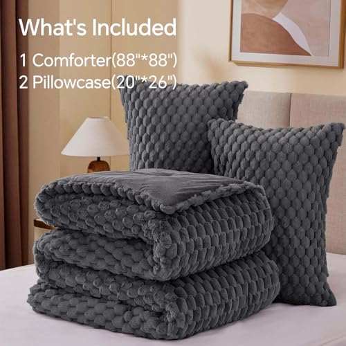 BEDELITE Fluffy Queen Comforter Set, Dark Grey Fleece Bed Set 3 Pieces