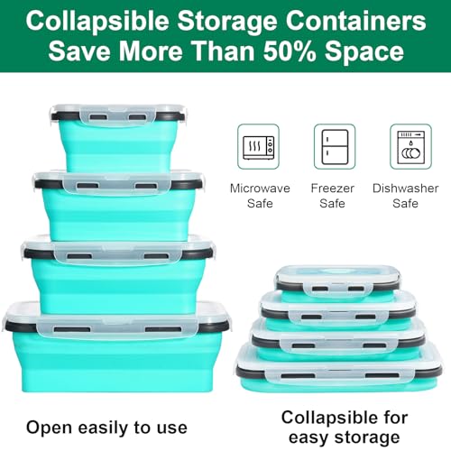 Sudaya 8 Pack Collapsible Food Storage Containers Set with Lids - Silicone Space-Saving Bowls for Travel and Camping