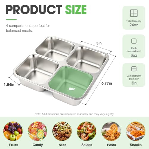 Monoan 24 oz Stainless Steel Snack Containers 4-Pack - 4-Compartment Bento Lunch Boxes - Variation of 4