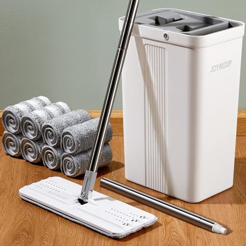 JOYMOOP Flat Mop System with Microfiber Pads and Bucket Set - White, O