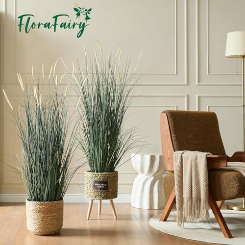 4ft Horsetail Reed Grass Fake Plant with Pink Spikes - 2 Pack, Lush Green