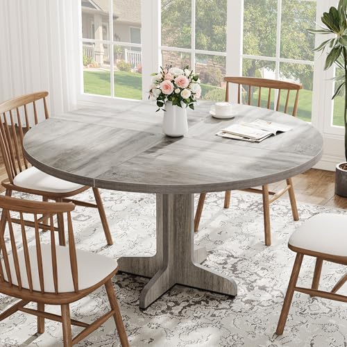 47-Inch Round Farmhouse Dining Table for 4 with Cross-Shaped Metal Base - Grey