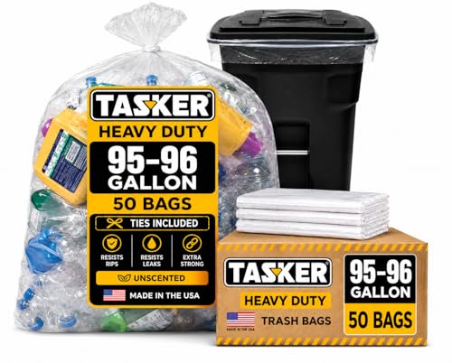 Tasker 50 Pack Heavy Duty 95-96 Gallon Clear Trash Bags with Ties - Extra Large Garbage Liners for Recycling, Yard Waste, and Heavy Duty Use