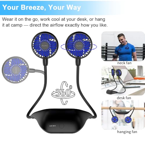 Portable Neck Fan with 10000mAh Battery - Hands-Free Cooling, 48H Runtime, Adjustable Wind, Black