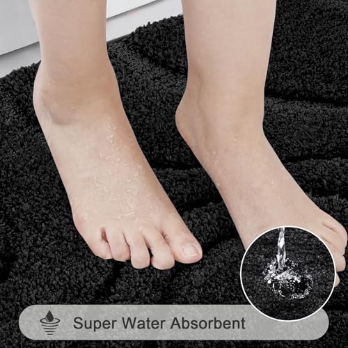 HEBE Bathroom Rug Set 5 Piece - Non Slip Microfiber Absorbent Bath Mats - Black, 18x26, 20x32, 20x48, U-Shaped & Toilet Cover
