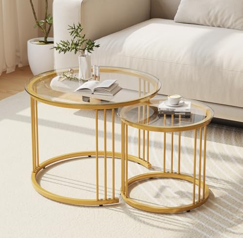Garden 4 You Gold Glass Nesting Coffee Tables Set of 2 - Space-Saving Round Side Tables for Living Room & Bedroom