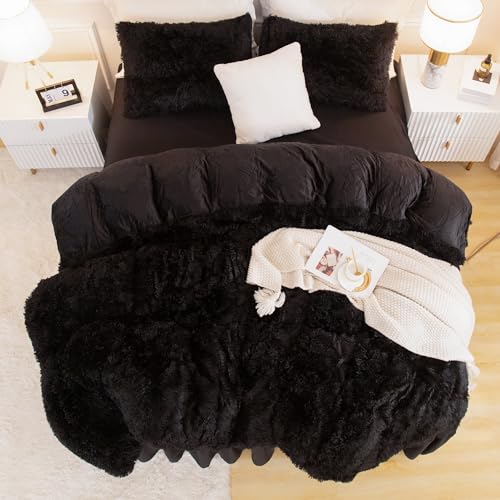 Andency King Size Faux Fur Comforter Set Black 104x90 with Pillow Shams - Fluffy Warm Bedding