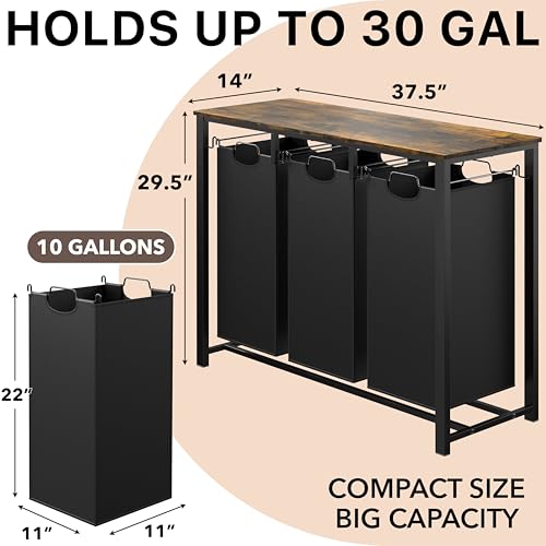 Laundry Sorter with Tabletop Shelf - 3-Section Fabric Hampers, Rustic Brown