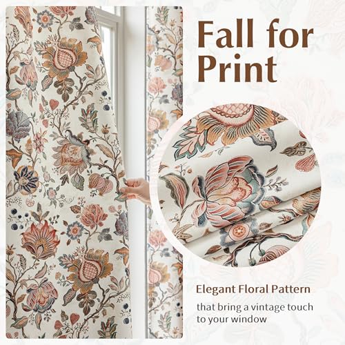 Blackout Floral Curtain Panels - 52W x 84L Inches, Pack of 2, Beige Boho Style