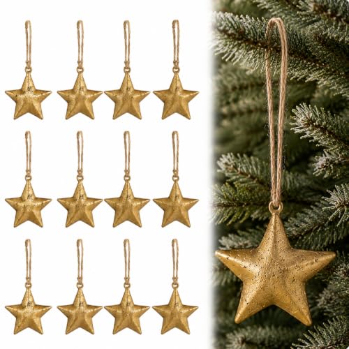 Shimeyao 12 Pcs Mini Gold Star Christmas Ornaments 3.5 Inch Bell-Free Holiday Decor