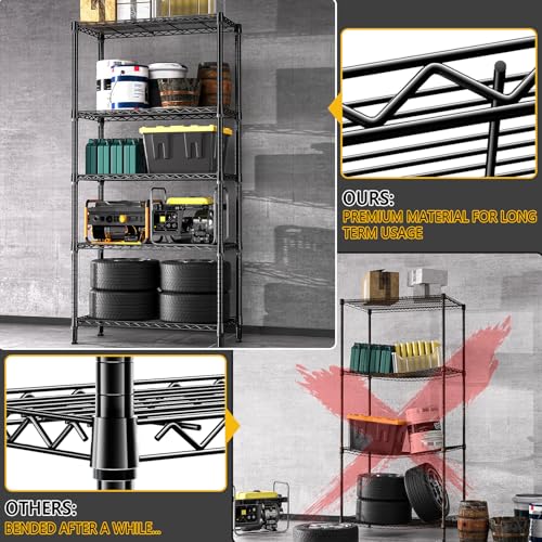 5 Tier Metal Storage Shelves - Heavy Duty Wire Rack for Garage Kitchen Closet Black 15.7"D x 33.5"W x 68.5"H