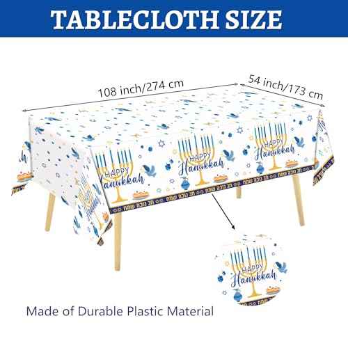 Oigco 3Pcs Hanukkah Tablecloth Hanukkah Theme Table Cloth, Hanukkah Decorations for Happy Hannukah Decorations Table Cover for Plastic Chanukah Jewish Chanukah Party Supplies, 108 x 54 inch