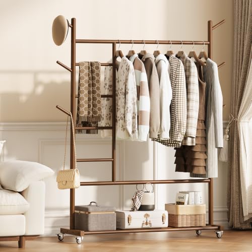 Yoobure Walnut Solid Wood 4-in-1 Clothes Rack with Wheels & Storage
