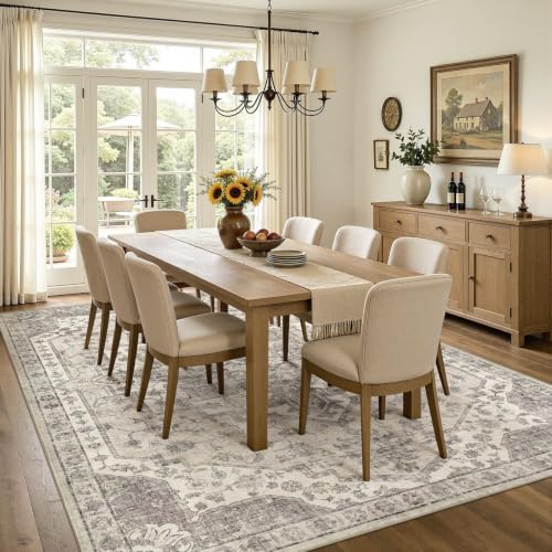 9x12 Beige Washable Vintage Area Rug for Living Room Non-Slip Carpet