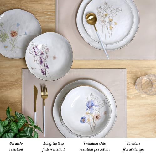 Floral White 12-Piece Porcelain Dinnerware Set for 4 - Elegant Plates & Bowls with Gold Rims