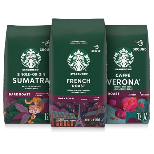 Starbucks Ground Coffee Variety Pack - Dark Roast 3 x 12 oz Bags - Sumatra, Verona, French Roast