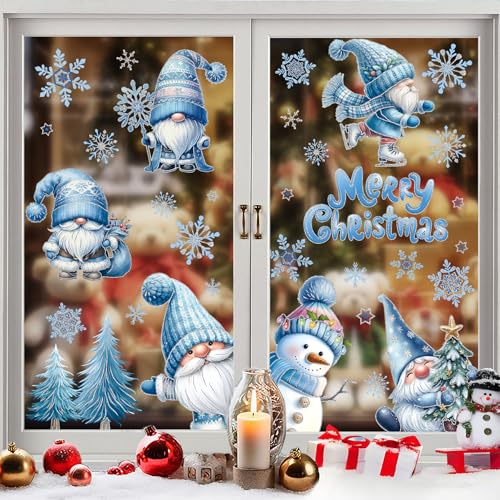 Christmas Gnome Window Clings – 9pk Blue Snowman Stickers for Glass & Mirrors