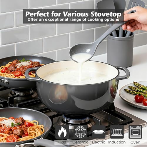 Enameled Cast Iron Dutch Oven 6QT with Lid & Cotton Potholders - Grey
