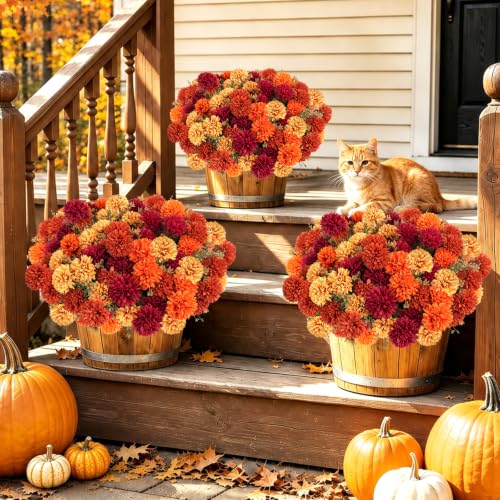 Artificial Fall Flowers 12 Pcs Burgundy Orange Caramel & Yellow Chrysanthemums Outdoor Decor
