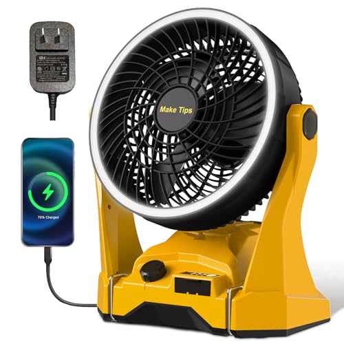 MakeTips Portable DeWalt 20V Max Battery Fan with LED Ring Light - Black & Yellow