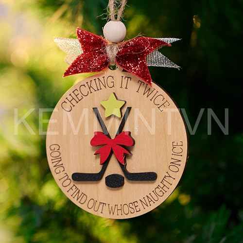 Funny Hockey Christmas Ornament ? Wooden Ice Hockey Tree Decoration, Naughty on Ice Holiday Ornament, Gift for Players & Fans