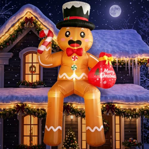 CORALMEE 11FT Sitting Gingerbread Man Christmas Inflatable with Top Hat, Candy Cane & Gift Bag (Outdoor Decor)