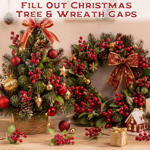 Cindeer Classic 24Pcs Artificial Red Berries Holly Stem Decor for Christmas