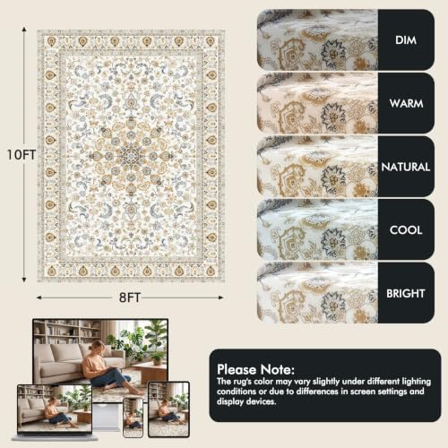 Fixwal 8x10 Beige Washable Area Rug for Living Room Non-Slip Vintage Boho Style