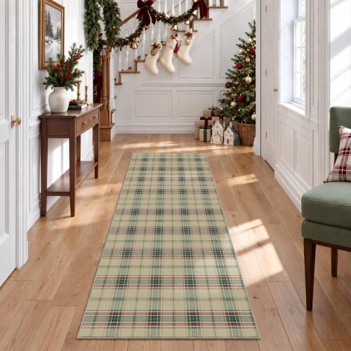 Rugxara Green Christmas Checkered Runner Rug 2x5, Washable Holiday Decor