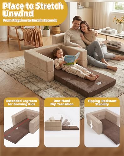 Medium Toddler Travel Sofa Bed with Bear Pattern - 3-in-1 Convertible Kids Couch & Floor Bed