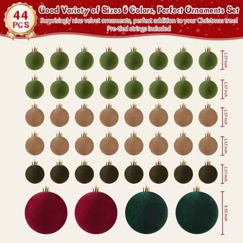 Uspring 44 Pcs Velvet Christmas Ornaments Set - 1.57 & 3.15 Inch Flocked Ornaments Shatterproof Christmas Balls for Xmas Tree Holiday Wedding Party with Pre-Tied Hanging Strings, Red, Green