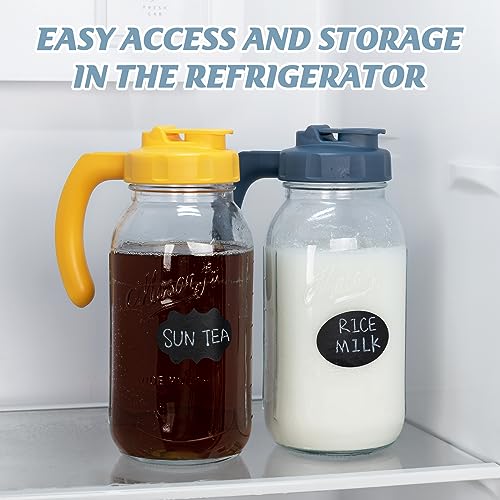 Glass Mason Jar Pitchers with Lids - 2 Quart Set in Navy & Yellow, Leak-Proof Drink Containers