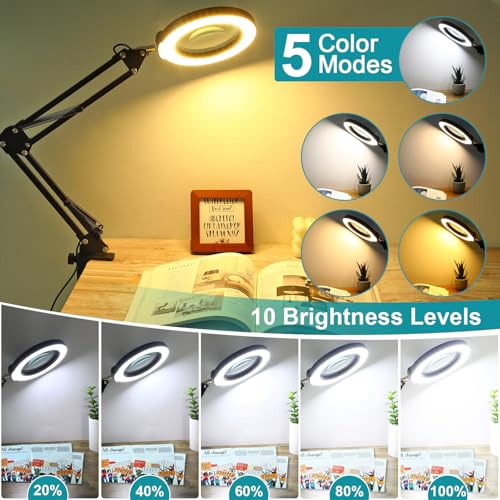 12X Magnifying Glass with Light & Stand - Black, 17.8-inch Clamp & Base, Dimmable LED